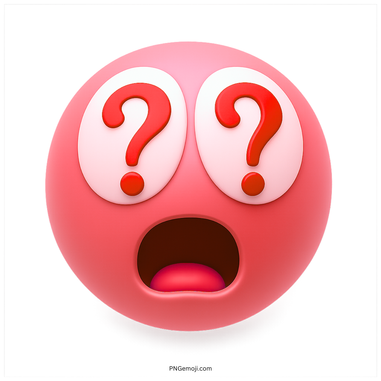 Pink emoji with red question mark eyes and shocked open mouth