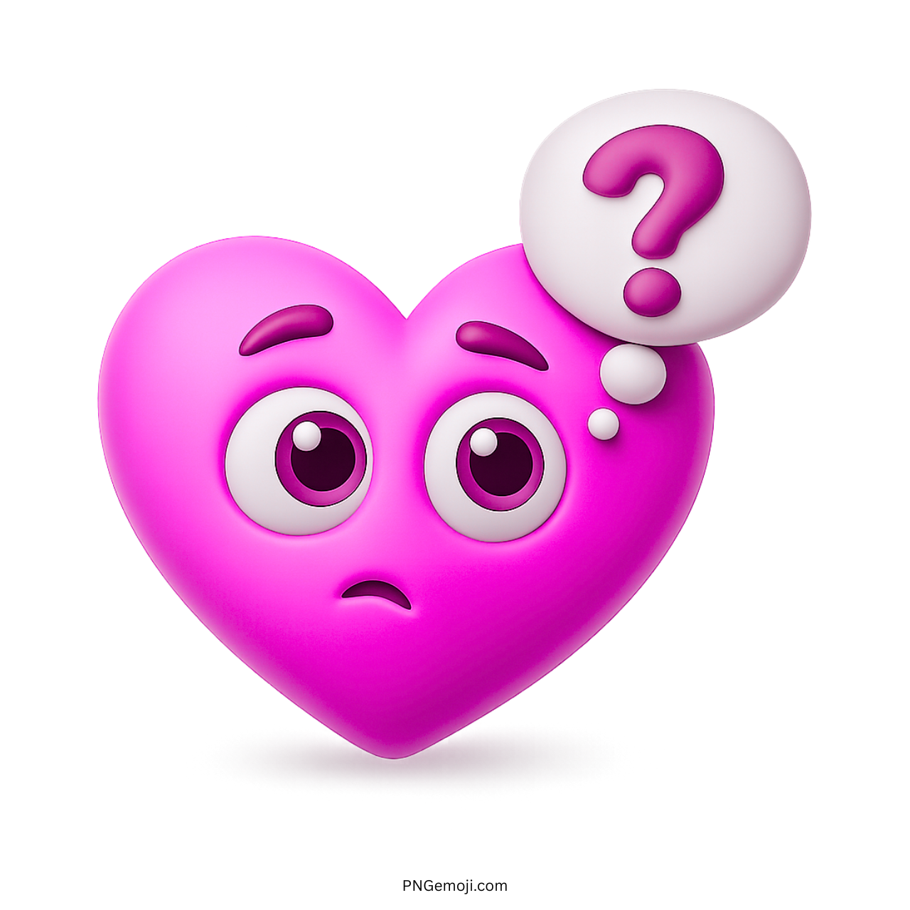 Pink heart emoji with curious expression and question mark thought bubble above it.