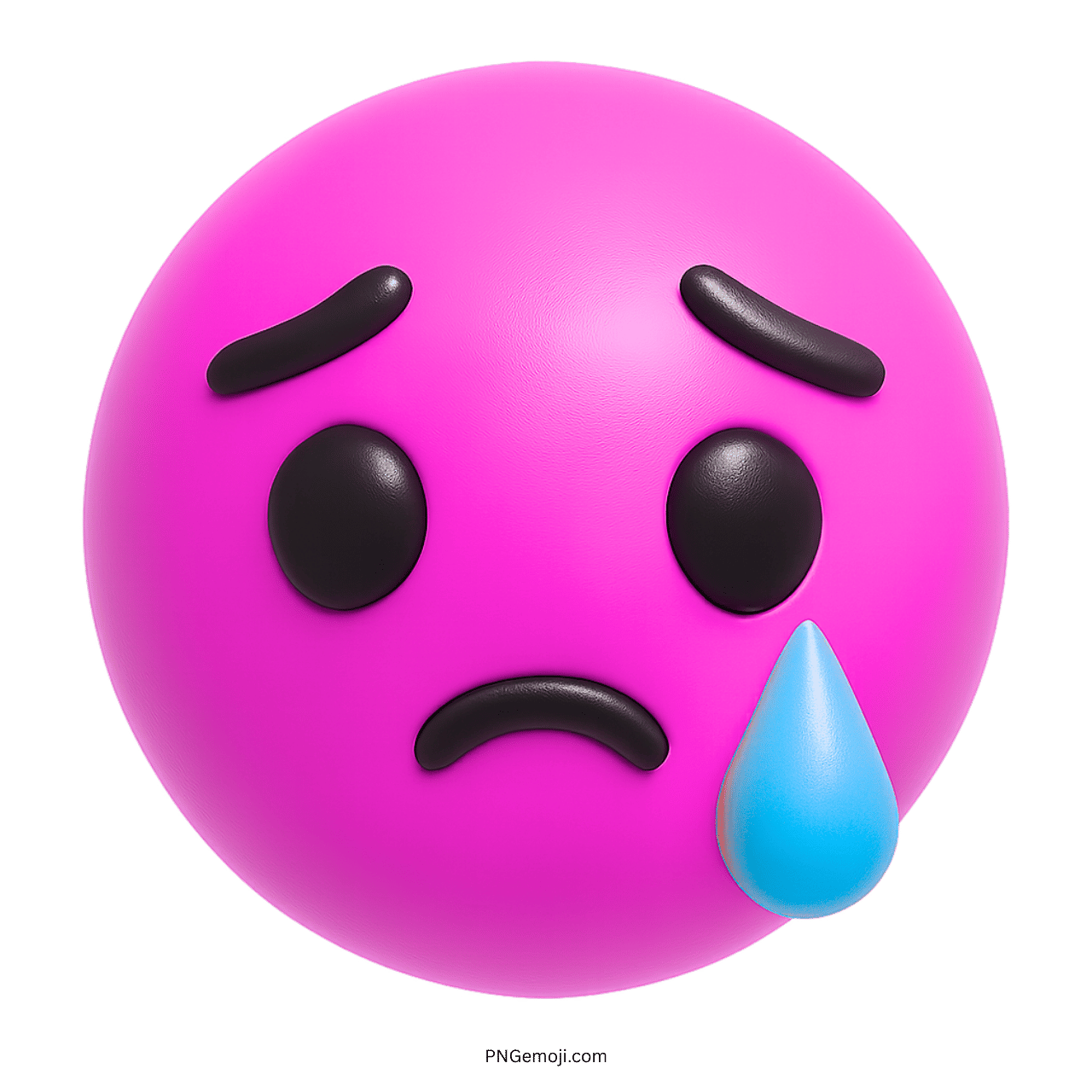 3D pink sad crying emoji with black eyes, teardrop, and sorrowful expression