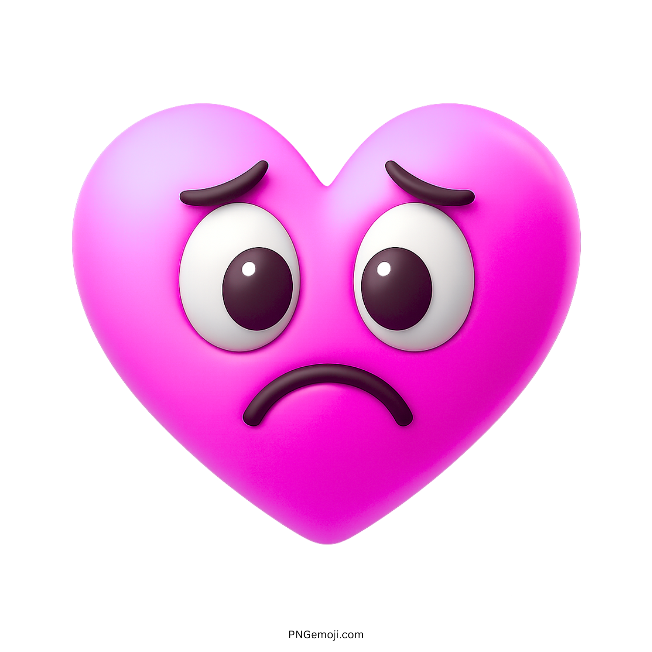 Pink heart emoji with frowny sad expression and wide cartoon eyes in 3D style
