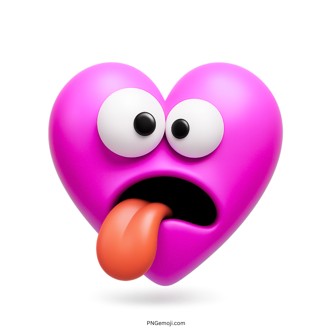 Funny pink heart emoji with tongue out and silly cartoon eyes in 3D