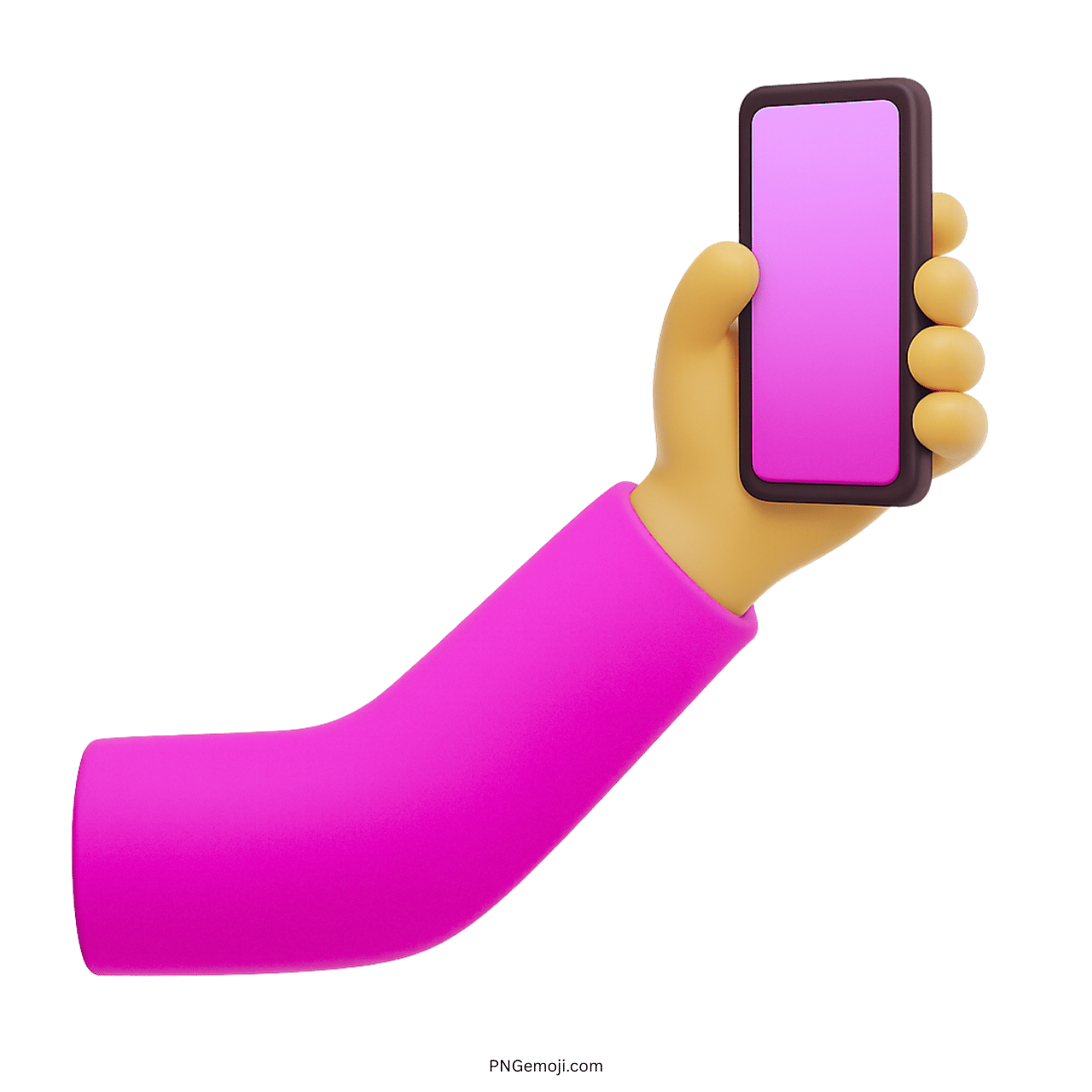 3D cartoon hand with pink sleeve holding phone in selfie pose emoji