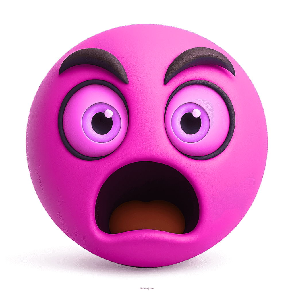 Pink shocked emoji with bulging eyes and wide open mouth surprised expression