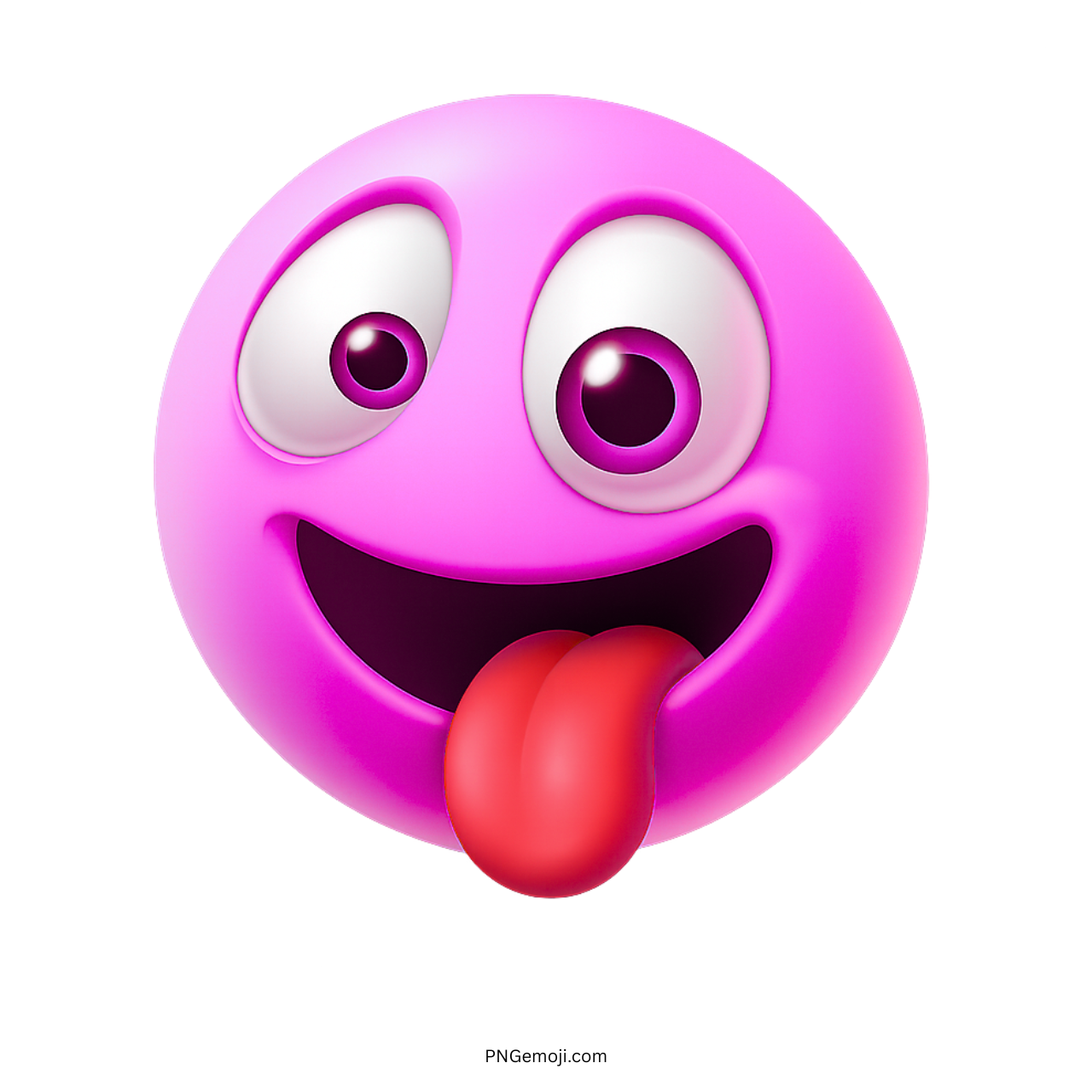 Pink silly emoji with wide eyes and red tongue out in playful expression