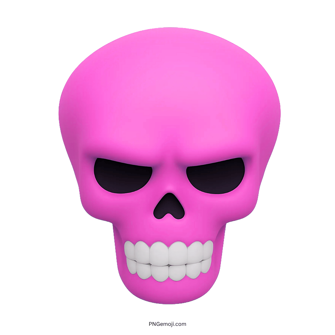 3D pink skull emoji with black eye sockets and white teeth on transparent background