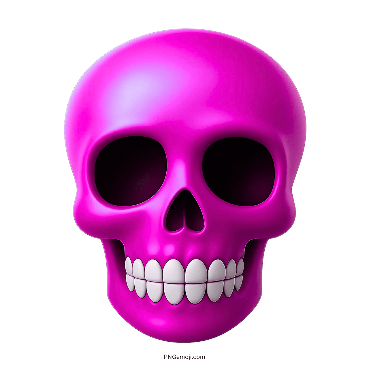 Bright pink 3D skull emoji with white teeth and dark eye sockets on transparent background
