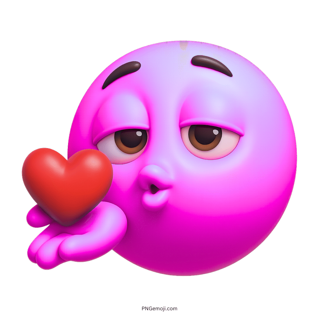 Pink emoji blowing kiss with red heart and cute romantic facial expression