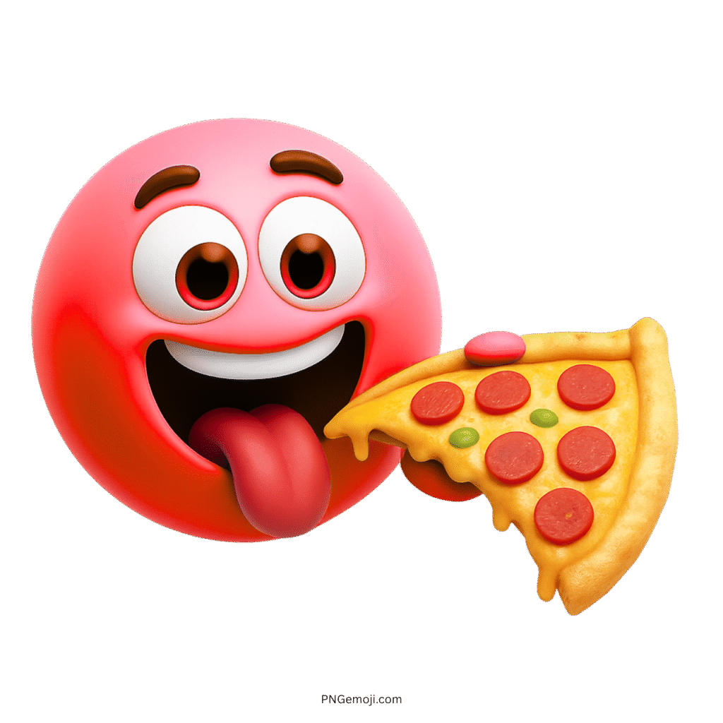 3D pink smiley face emoji enjoying pepperoni pizza slice happily