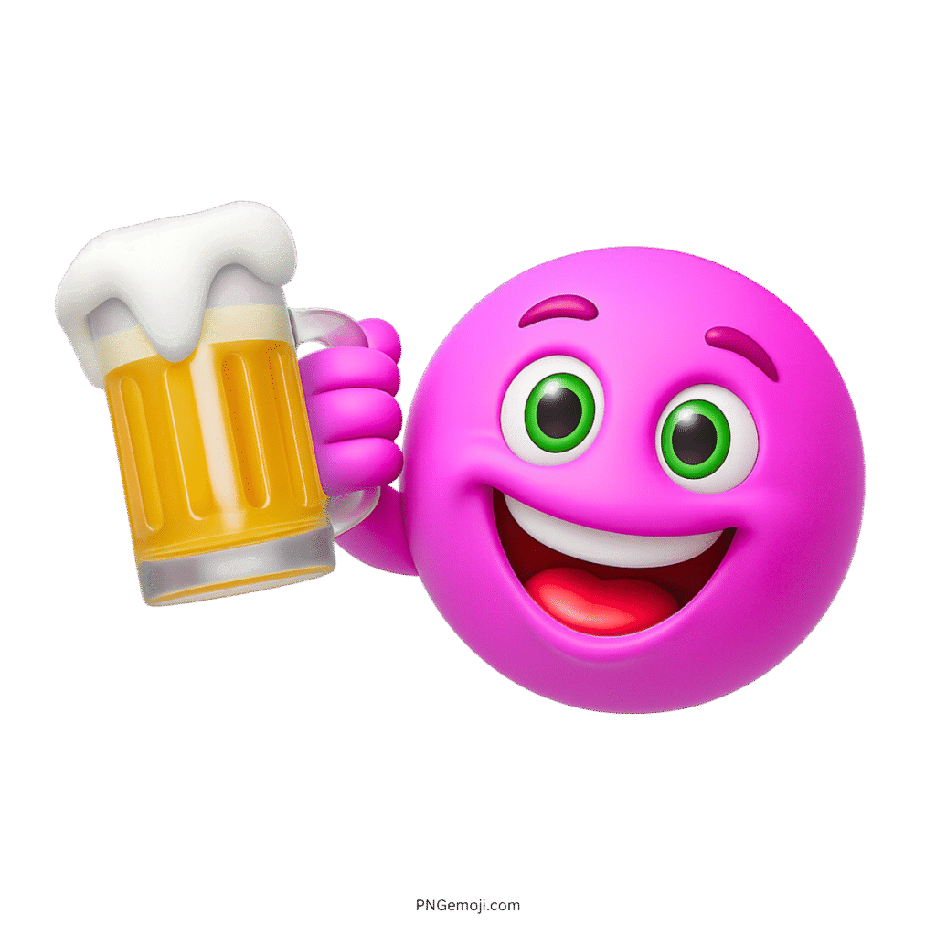 Pink smiling emoji character toasting with a beer mug in a fun celebration