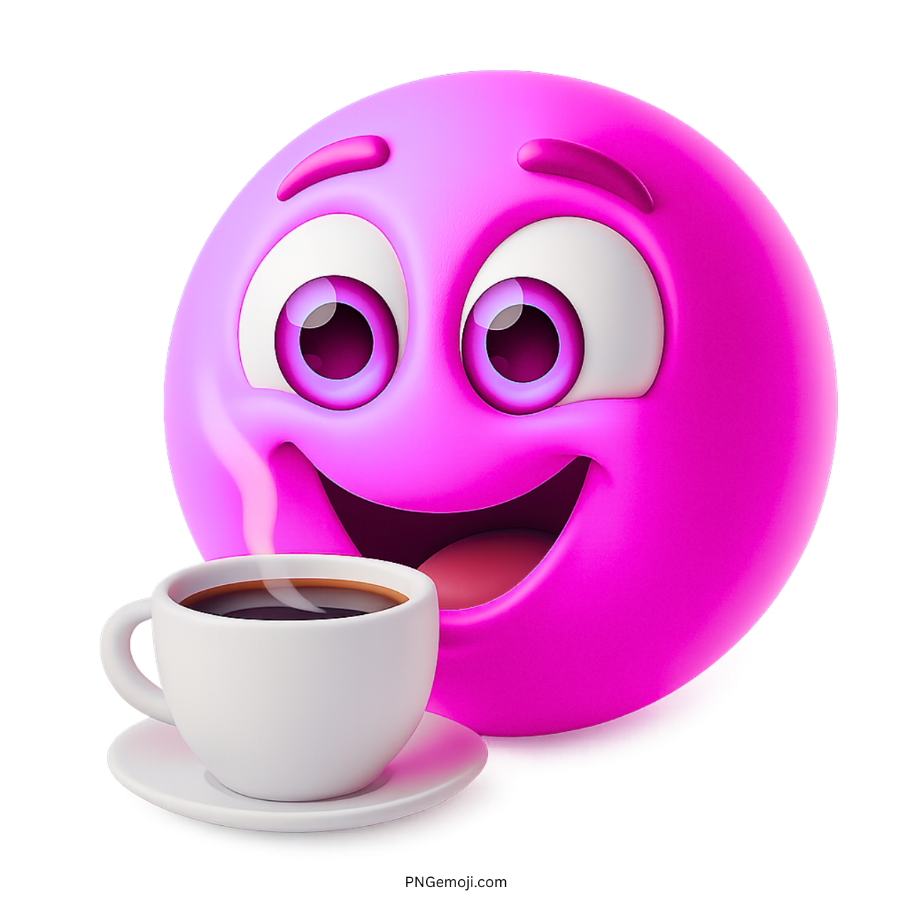 Cute pink emoji smiling with steaming coffee cup on white saucer