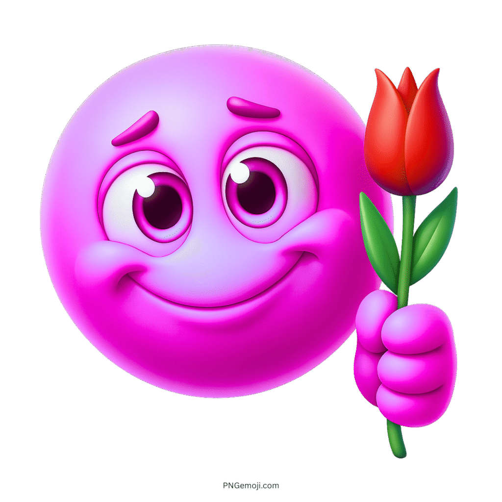 Pink smiley emoji with big eyes holding red rose expressing love affection cartoon