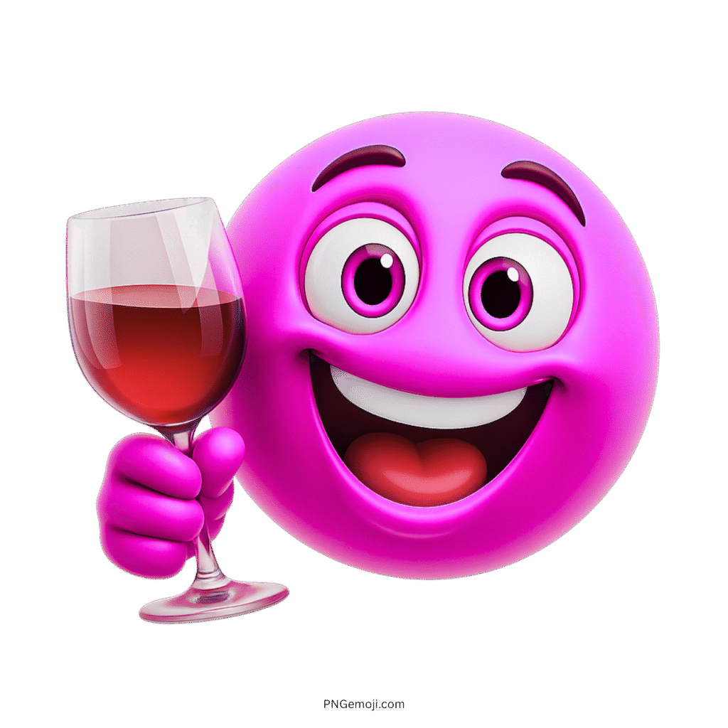 Pink emoji face cheerfully raising a red wine glass in a festive toast