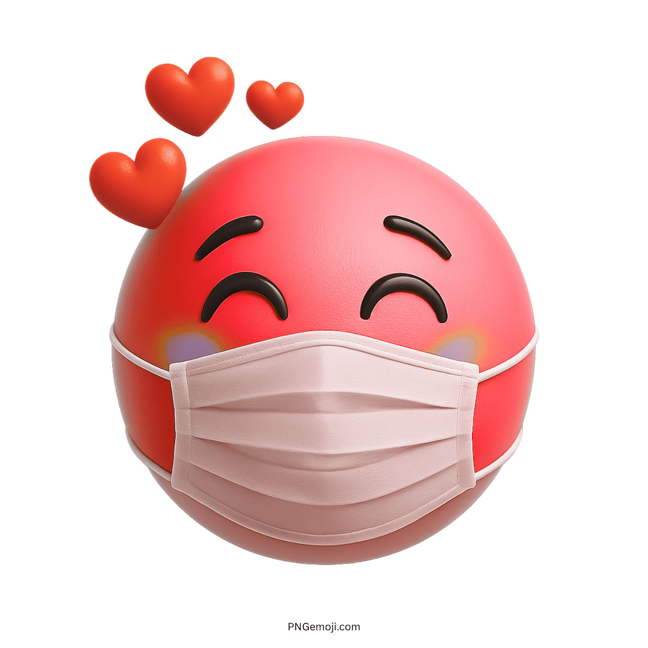 Pink smiling emoji with face mask and floating red love hearts in 3D style