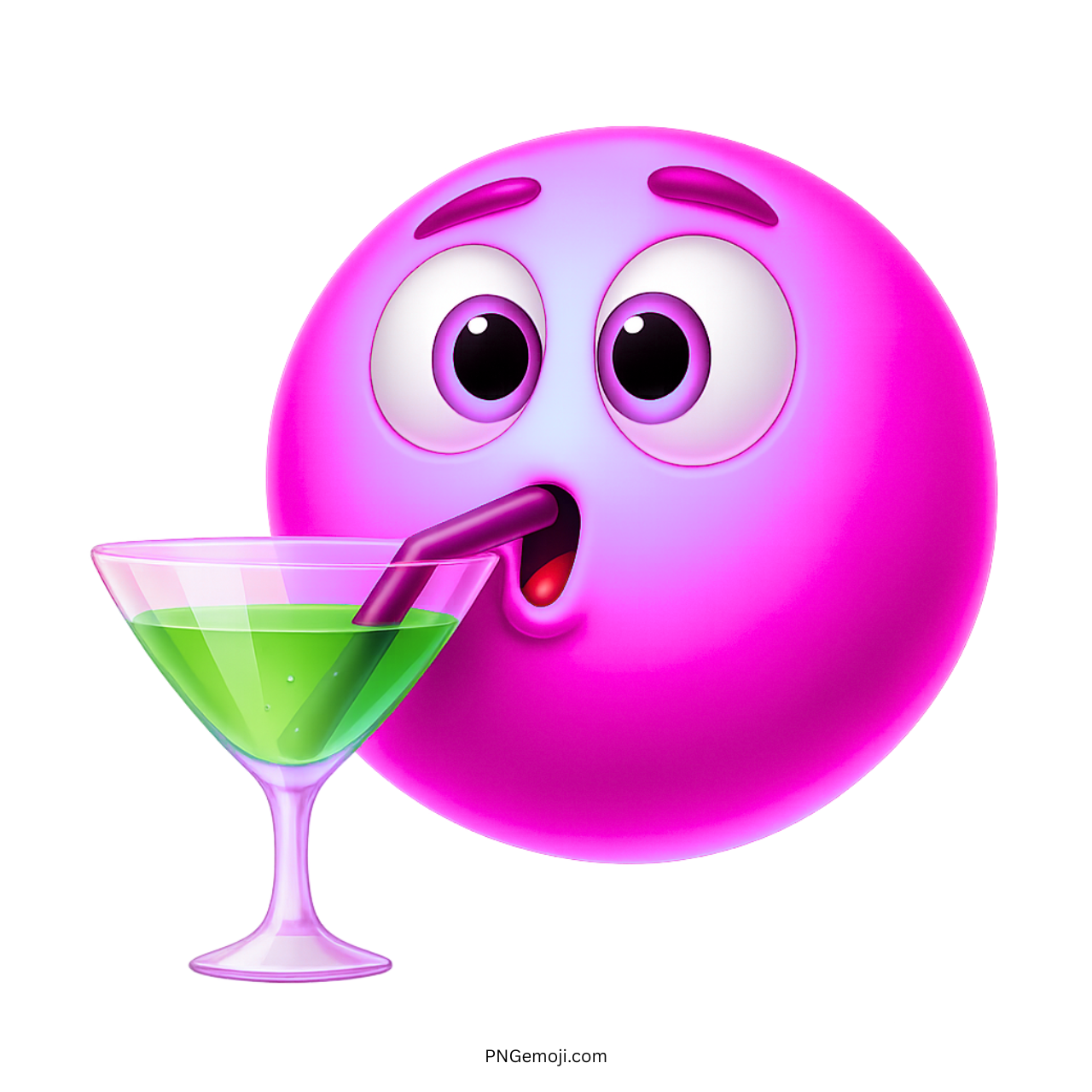 Pink emoji face drinking green cocktail from martini glass using dark purple straw icon