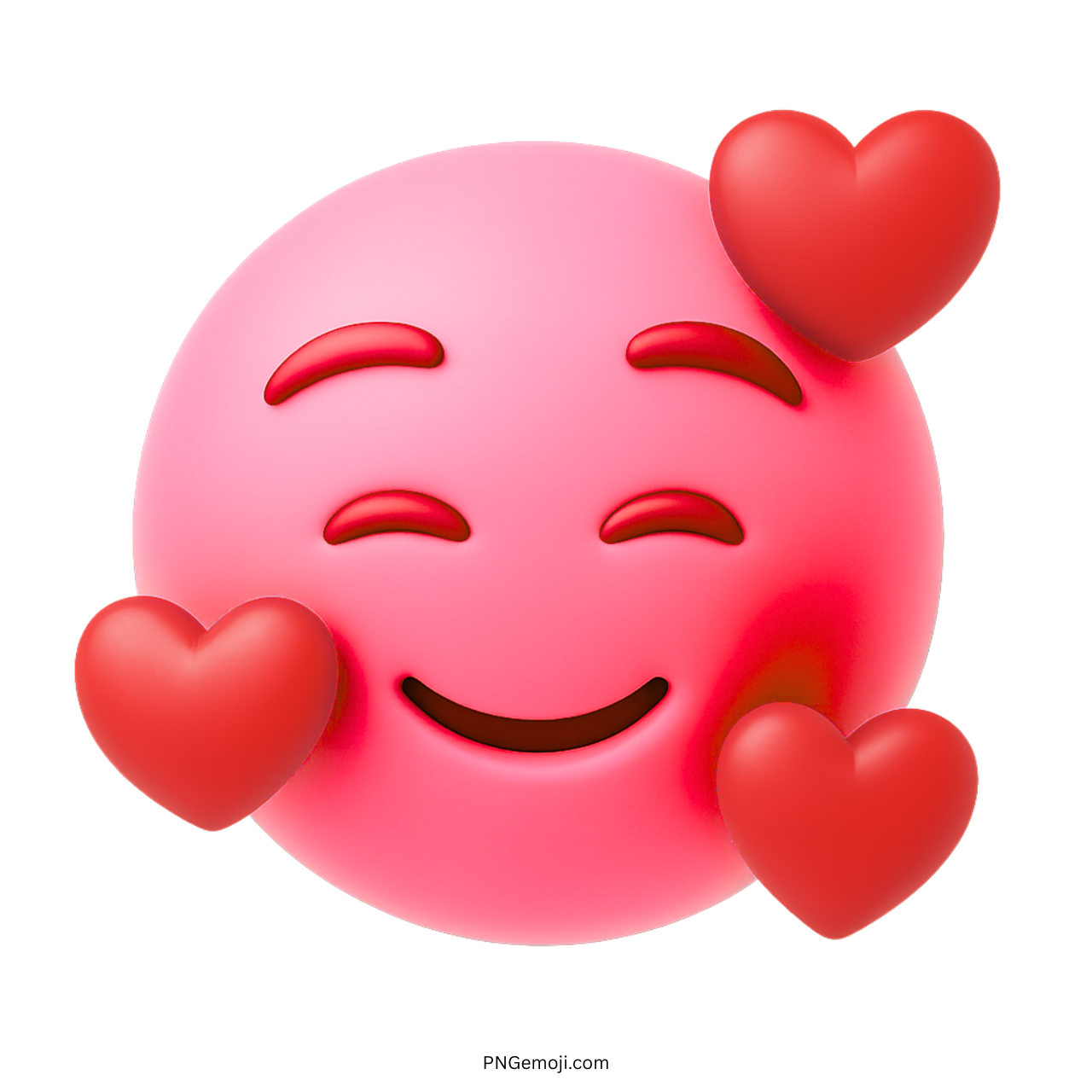 Pink smiling emoji face with red hearts expressing joy, affection, and romantic feelings in 3D