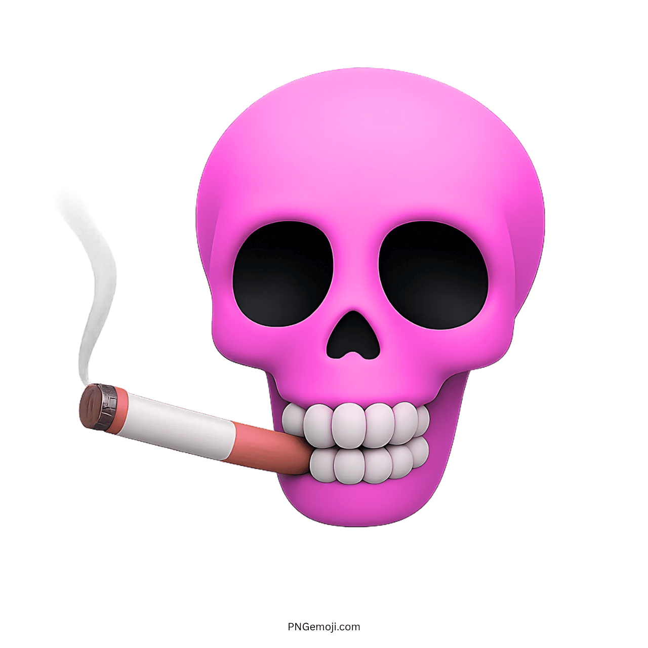 3D pink skull emoji smoking cigarette with black eyes and white teeth