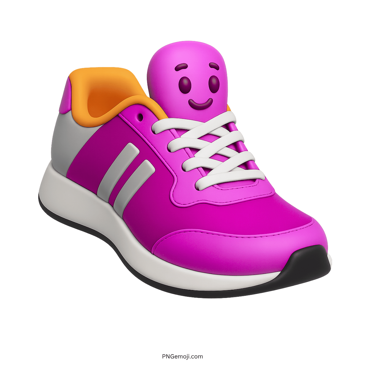 3D pink sneakers emoji with smiling face, white laces, and playful cartoon design