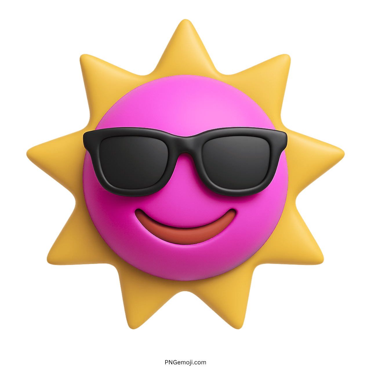 Pink 3D sun emoji with black sunglasses and smile on transparent background