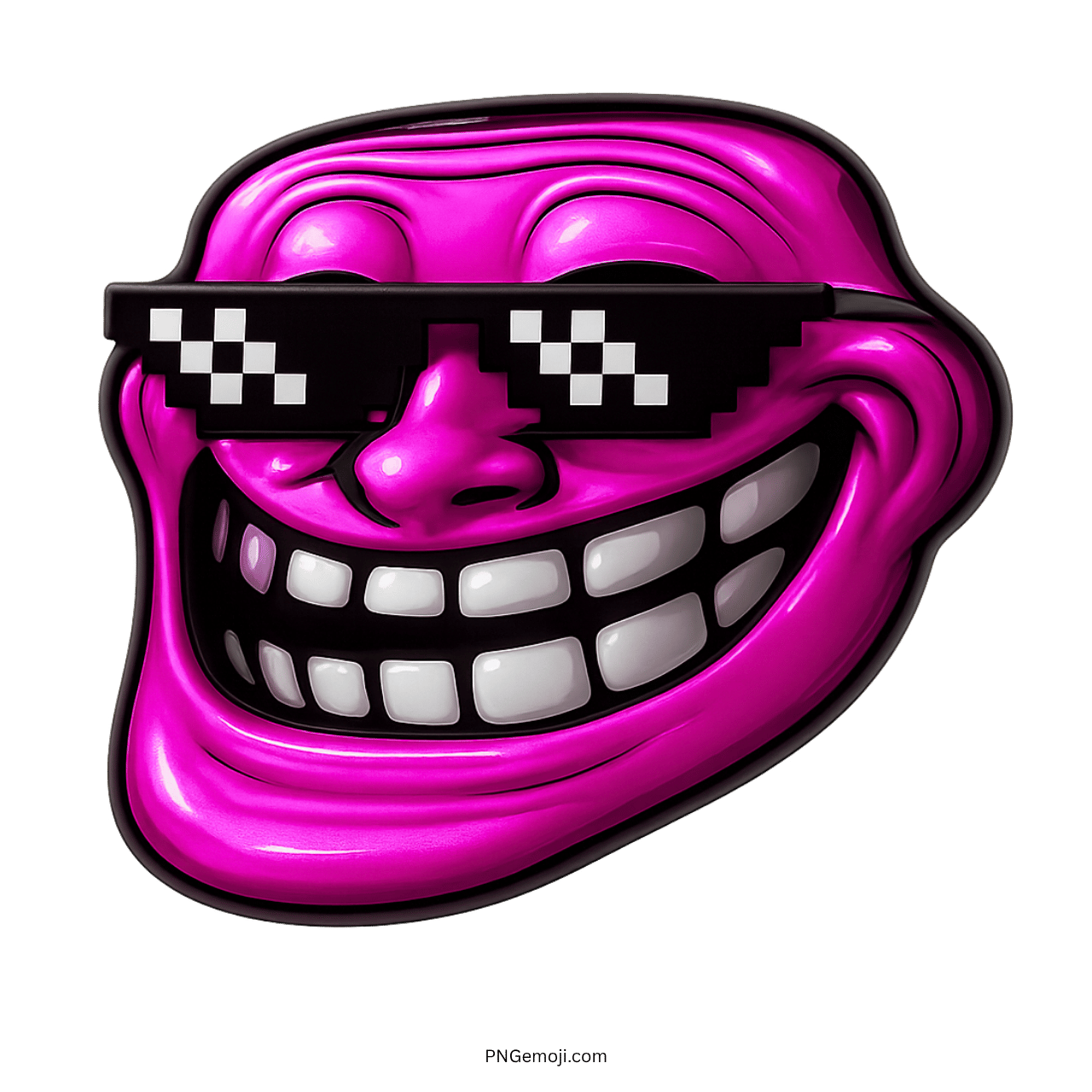 Pink troll face meme wearing thug life pixel sunglasses with a wide mischievous grin