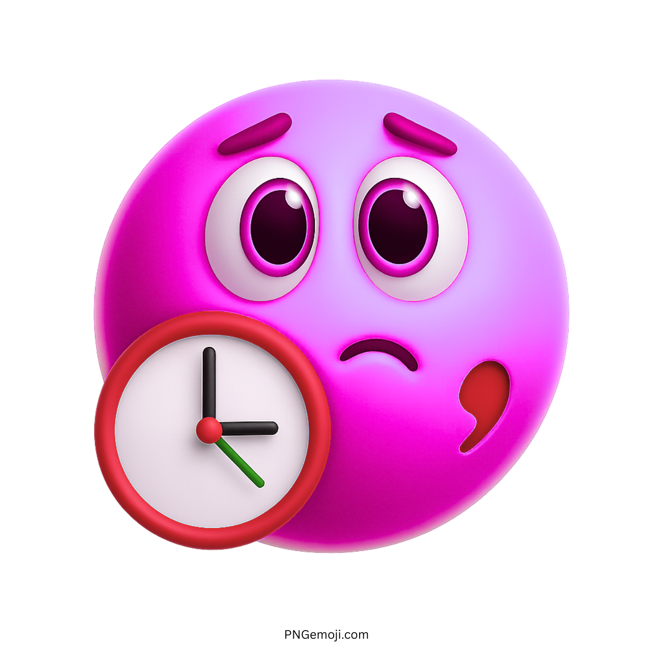 3D pink waiting emoji with clock showing worried expression and anxious cartoon face