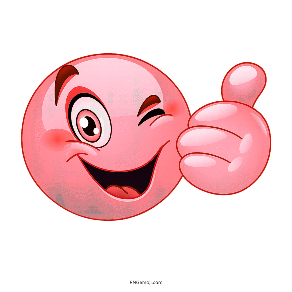 Pink winking emoji face showing thumbs up with cheerful and expressive cartoon style