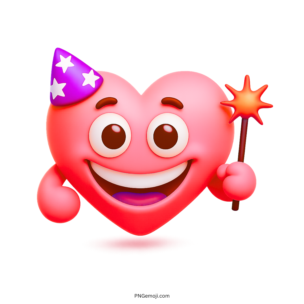 Pink heart emoji wearing party hat and holding a red magic wand smiling brightly