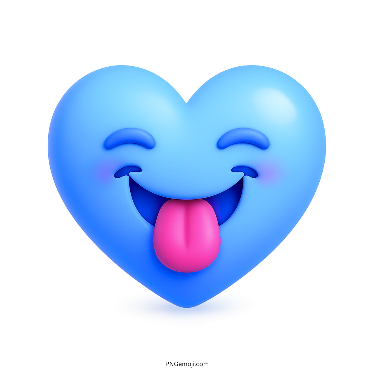 Playful blue heart emoji with tongue out and closed eyes in 3D cartoon style