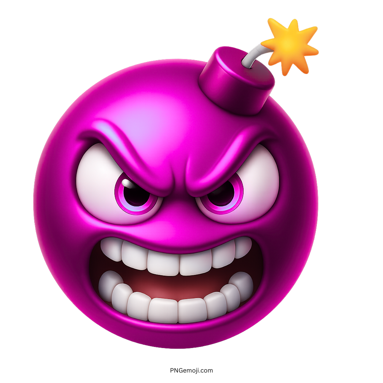 3D purple bomb emoji with furious expression, gritted teeth, and glowing fuse