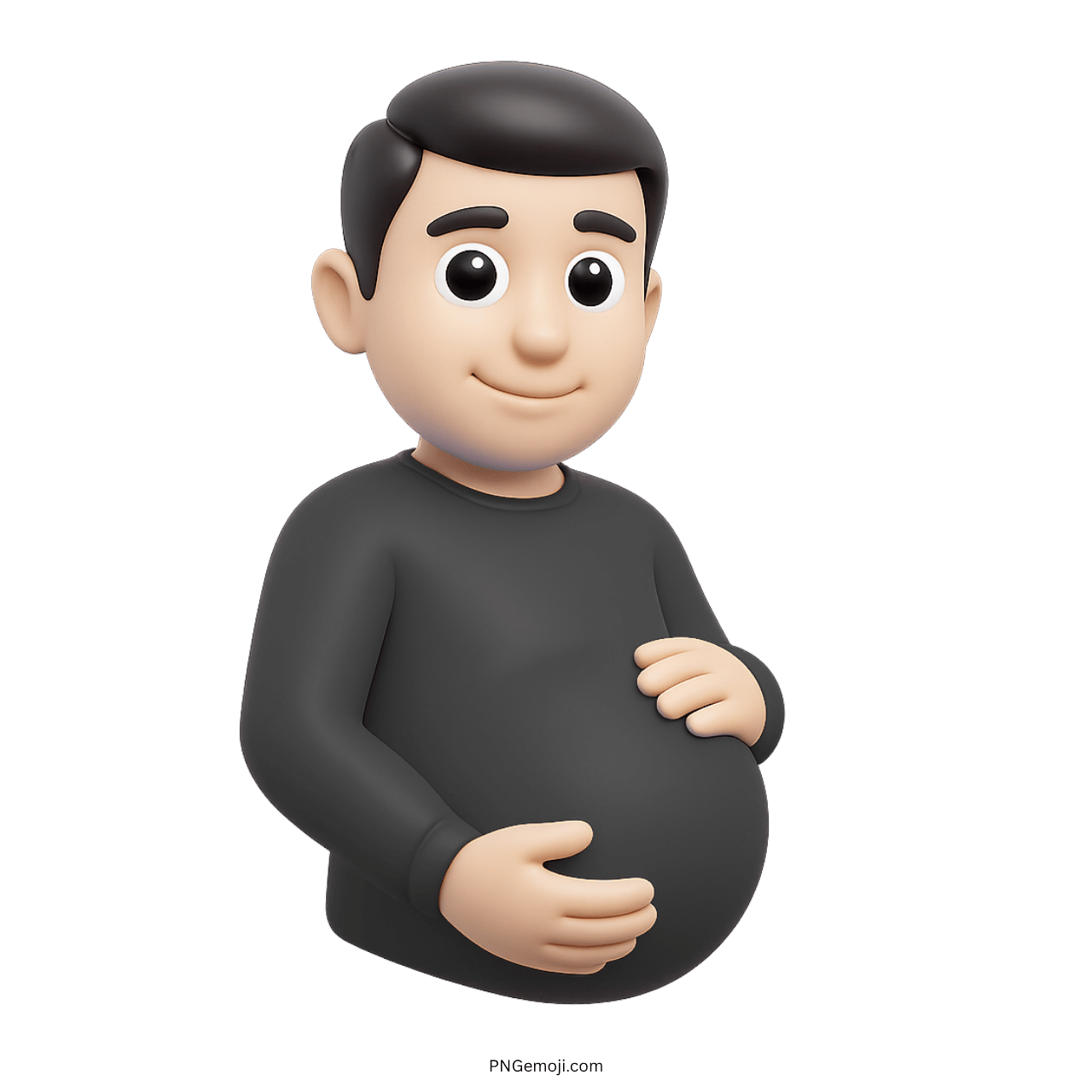 3D cartoon pregnant man emoji in black shirt, green background, smiling, hands on belly, modern design.