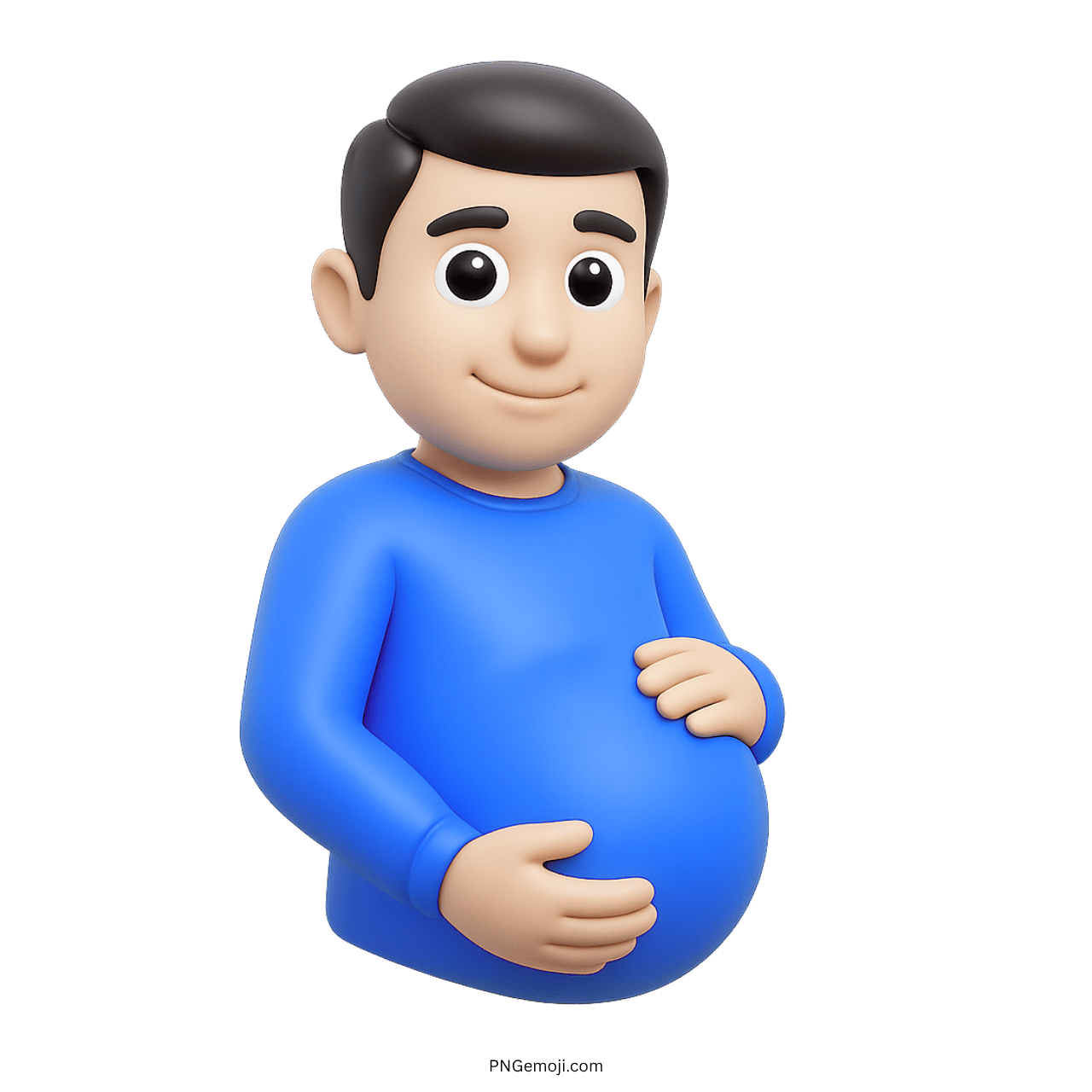 3D cartoon pregnant man emoji in blue shirt, green background, smiling, hands on belly, modern emoji design.