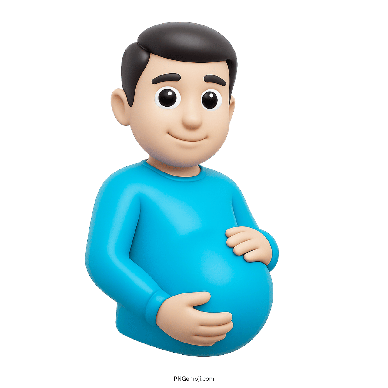 3D cartoon pregnant man emoji in blue shirt, green background, smiling, hands on belly, cheerful design.