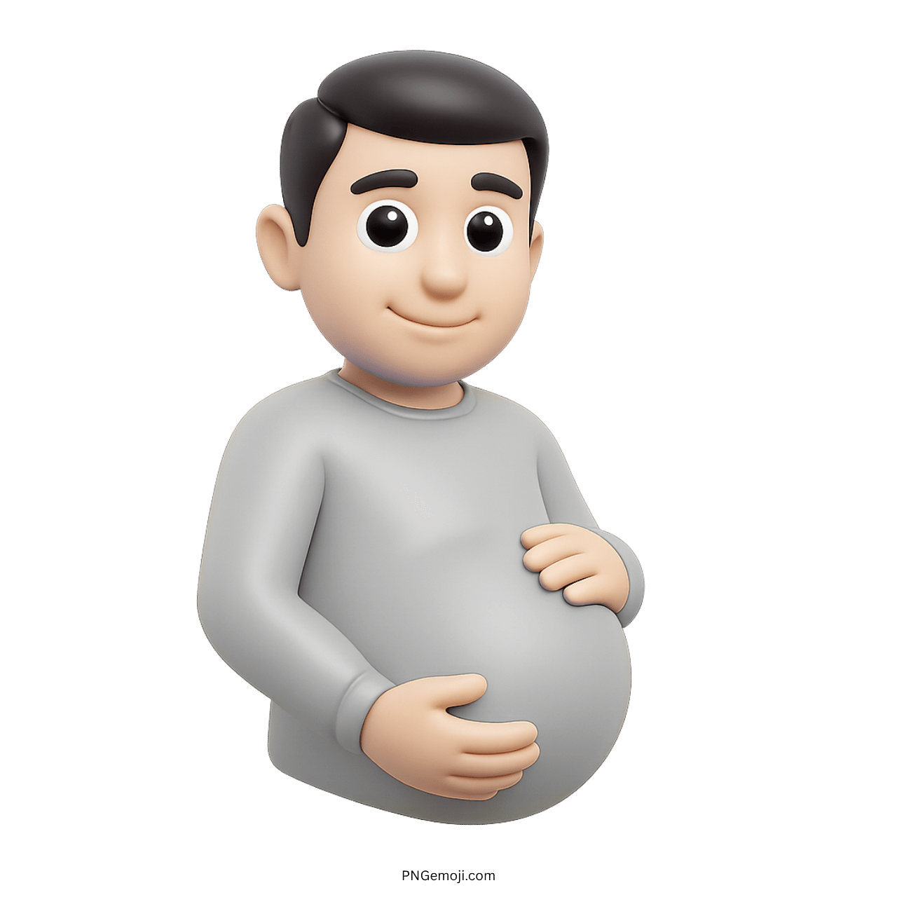 3D cartoon pregnant man emoji in gray shirt, green background, smiling, hands on belly, modern design.