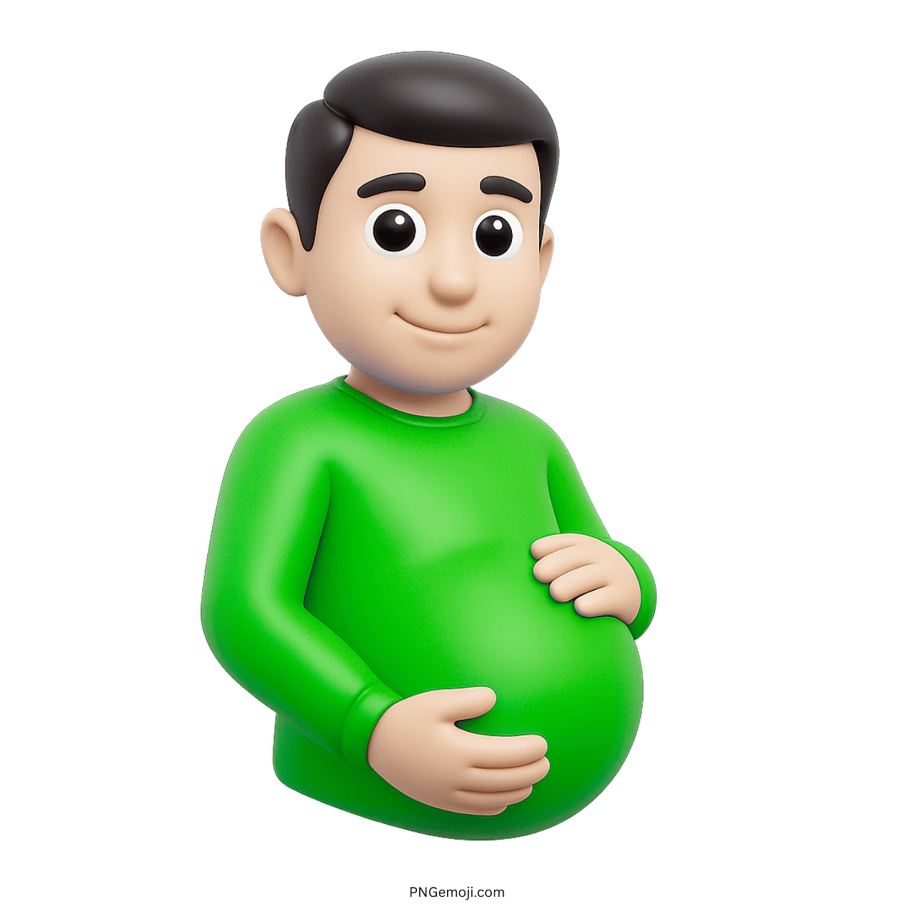 3D cartoon pregnant man emoji in green shirt, green background, smiling, hands on belly, vibrant design.