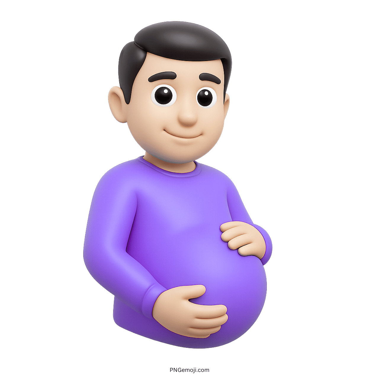 3D cartoon pregnant man emoji in purple shirt, green background, smiling, hands on belly, vibrant design