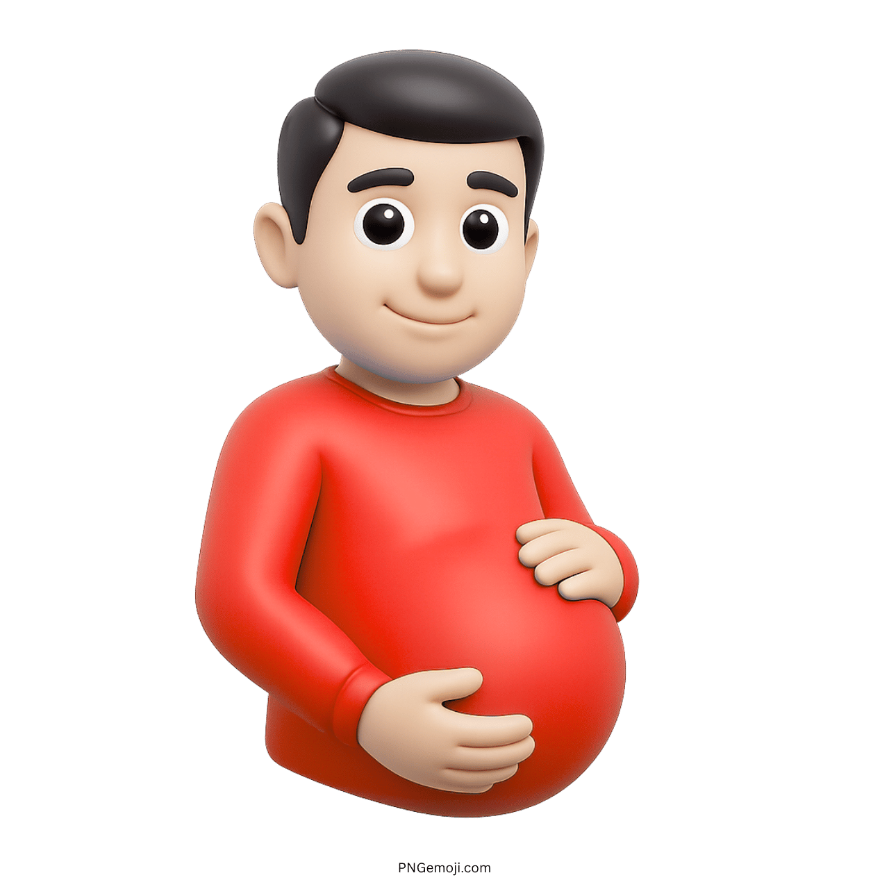 3D cartoon pregnant man emoji in red shirt, green background, smiling, hands on belly, vibrant design