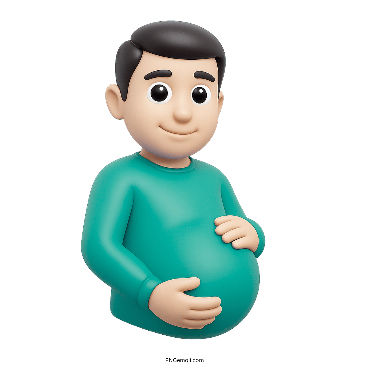 3D cartoon pregnant man emoji in teal shirt, green background, smiling, hands on belly, vibrant design.