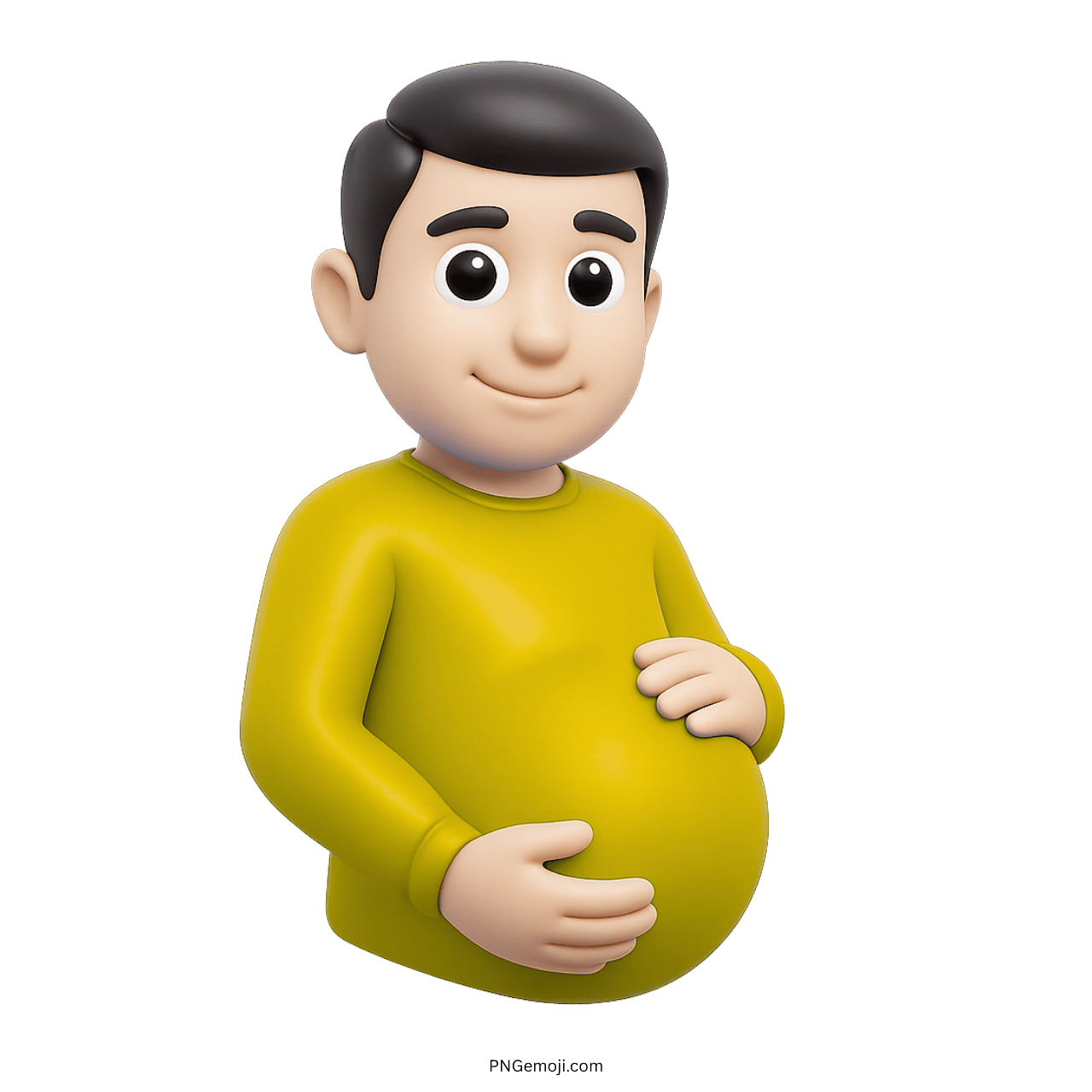 3D cartoon pregnant man emoji in yellow shirt, green background, smiling, hands on belly, cheerful design.