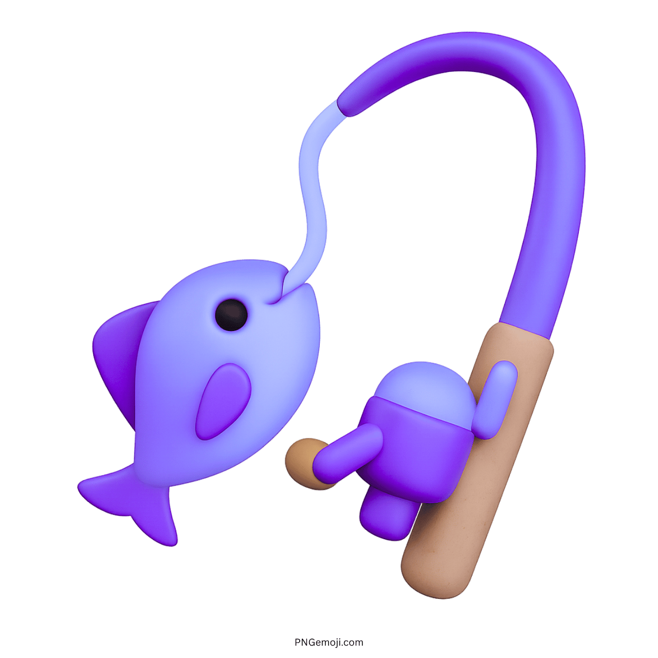 Purple 3D fishing pole emoji with cartoon fish icon on transparent background