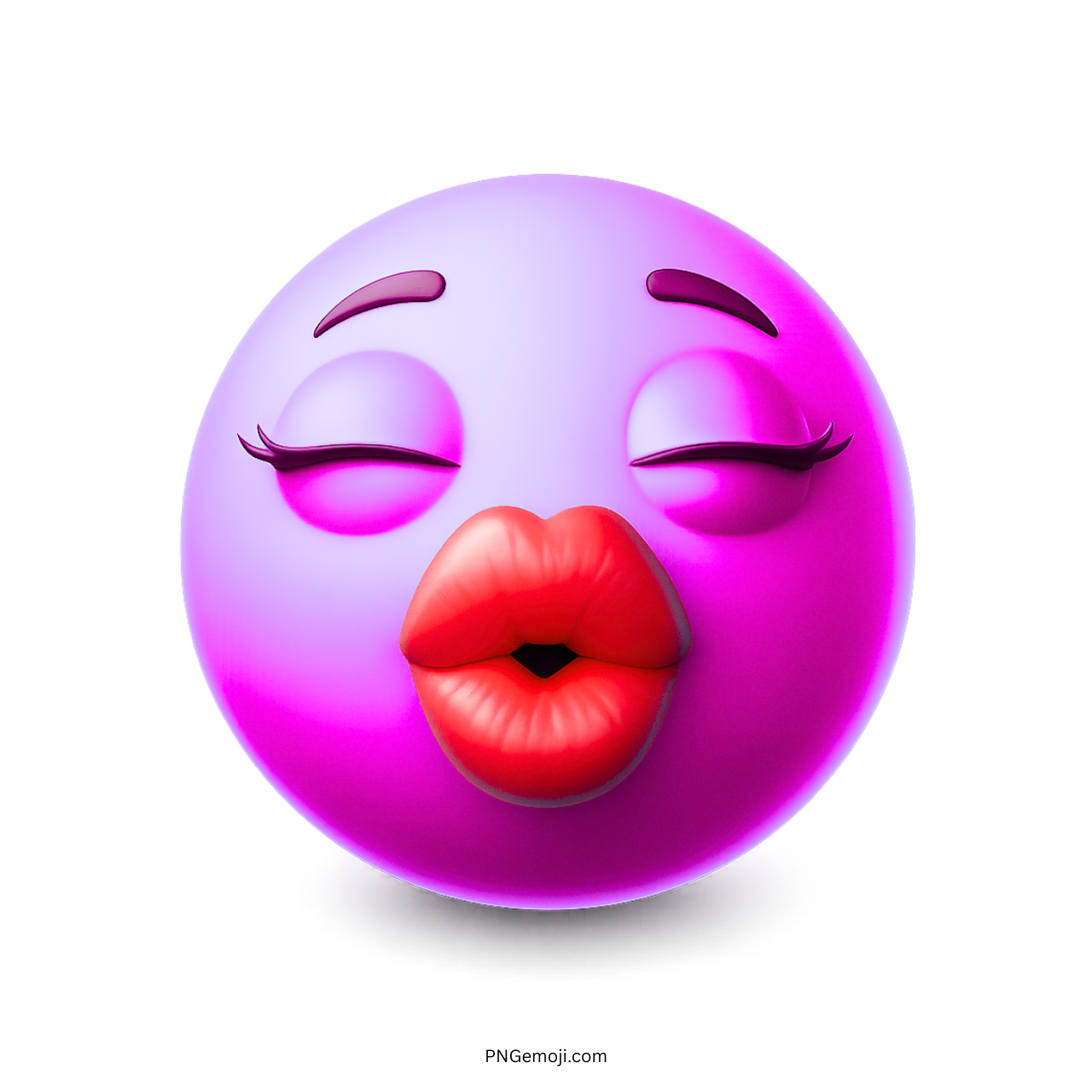 Purple 3D emoji with red lips and closed eyes showing a flirty kiss expression