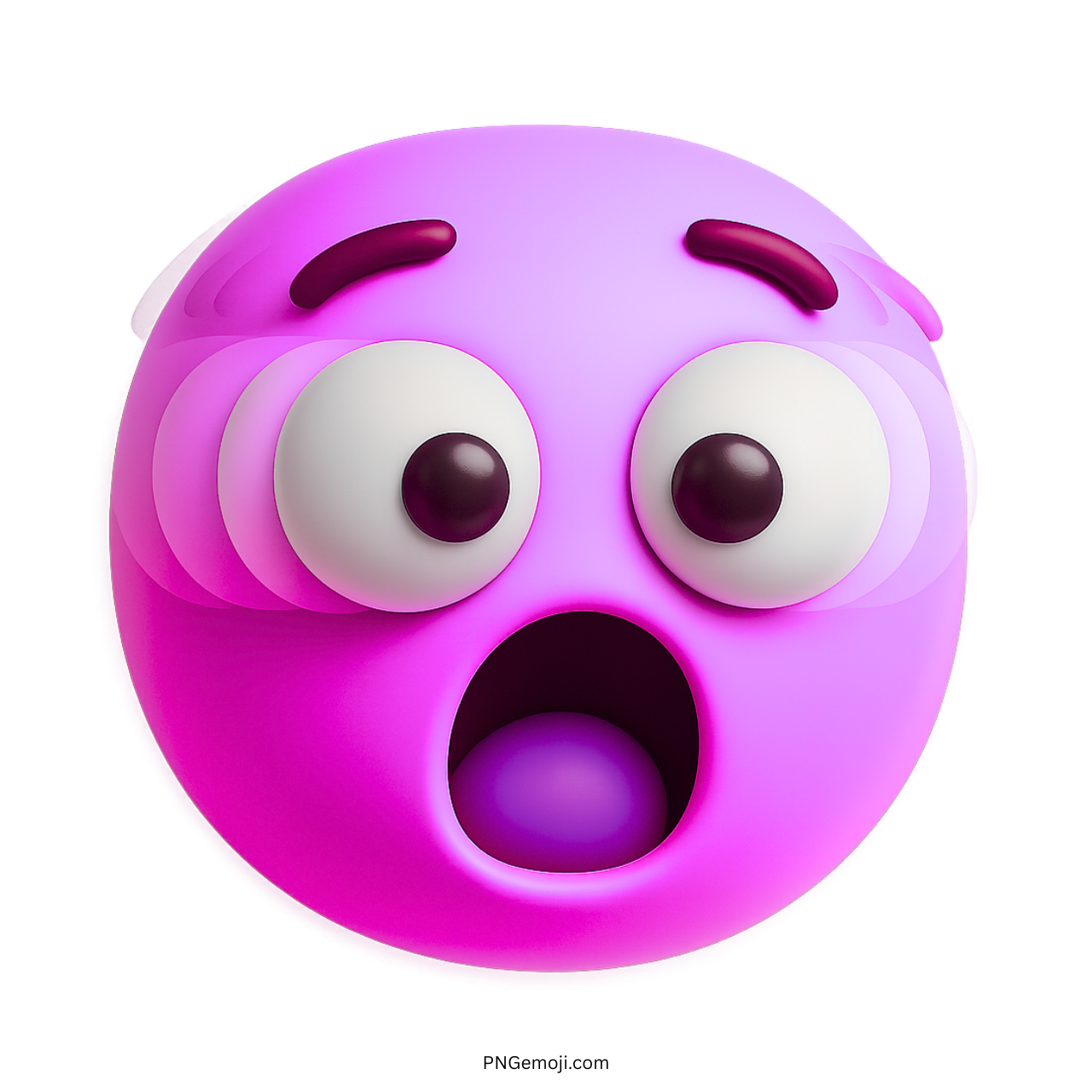 Purple 3D emoji with wide eyes and mouth showing vibrating shocked expression