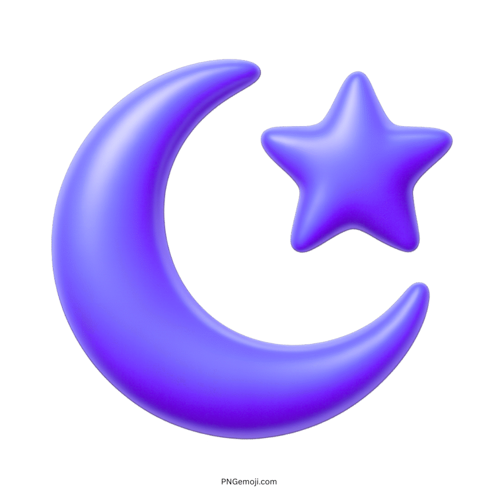 Purple 3D crescent and star emoji representing Islamic spirituality with vibrant style