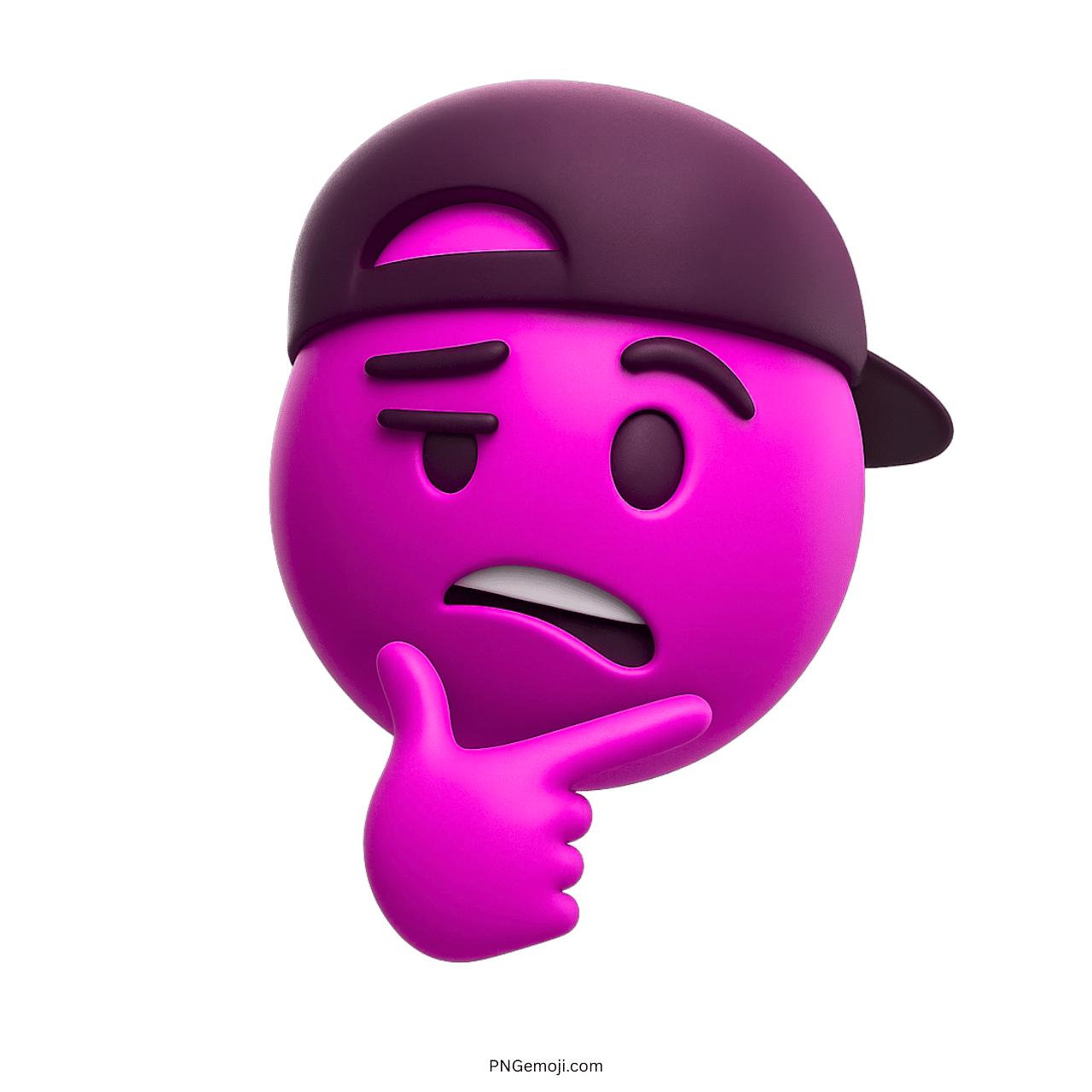 3D purple emoji with cap showing skeptical thinking face and playful attitude