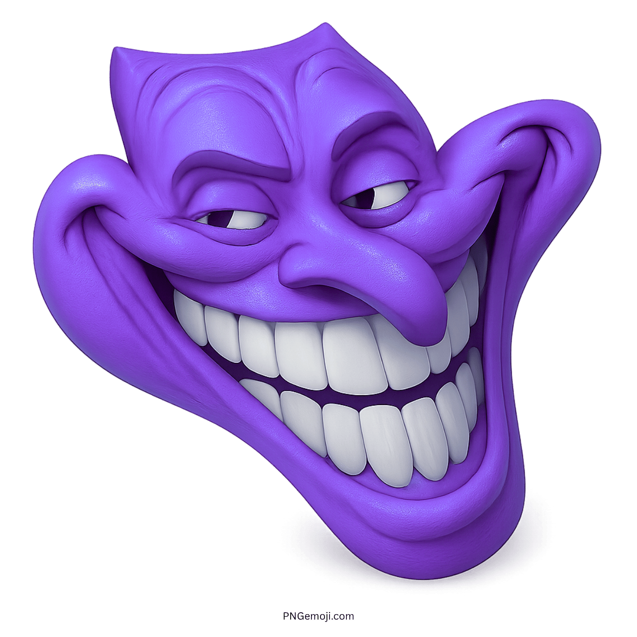 Purple 3D troll face emoji with wide grin and sly, sarcastic expression