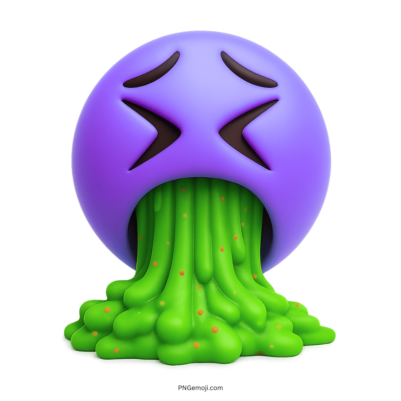 Purple 3D emoji vomiting green slime with disgusted sick facial reaction