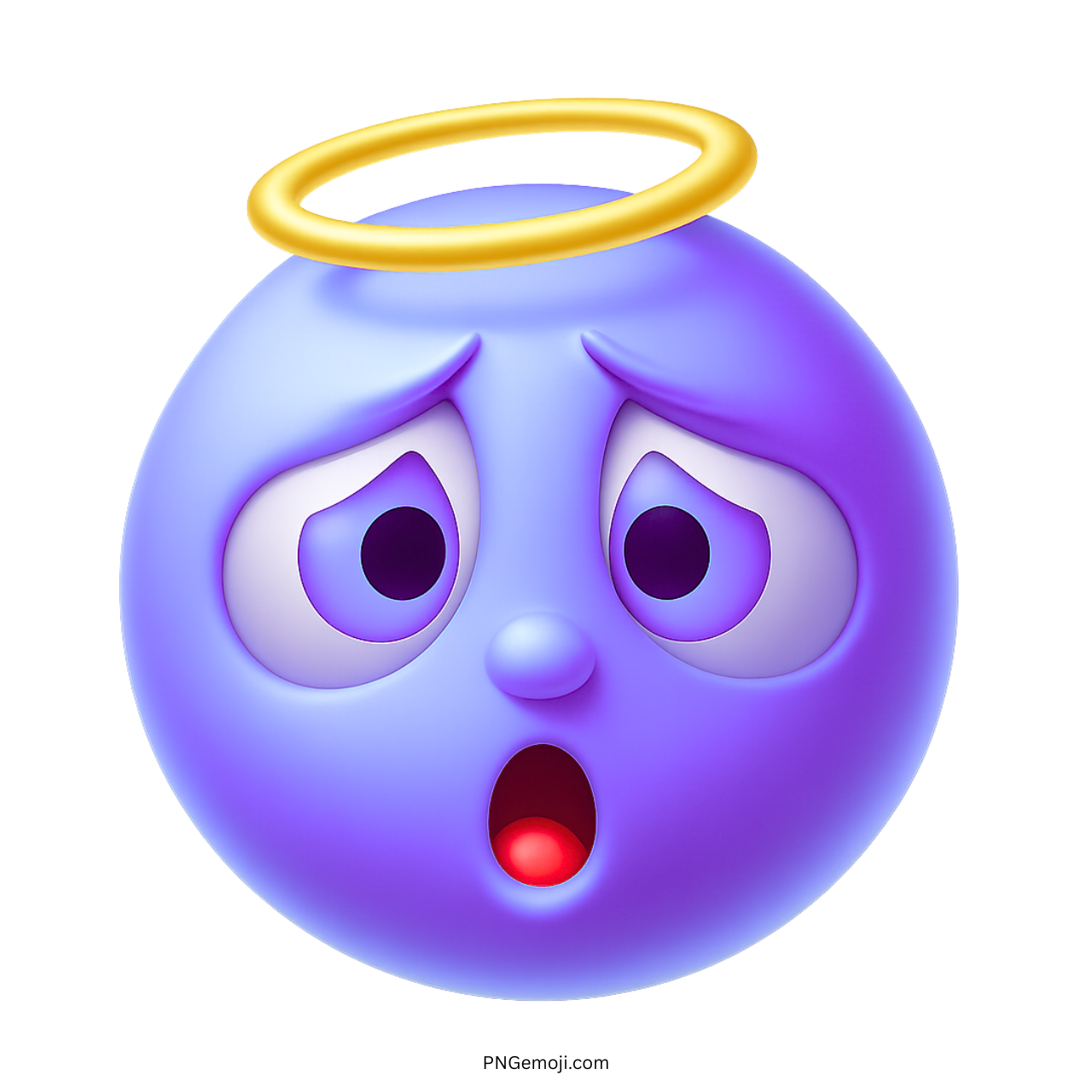 3D purple angel emoji with yellow halo and wide-eyed shocked innocent face