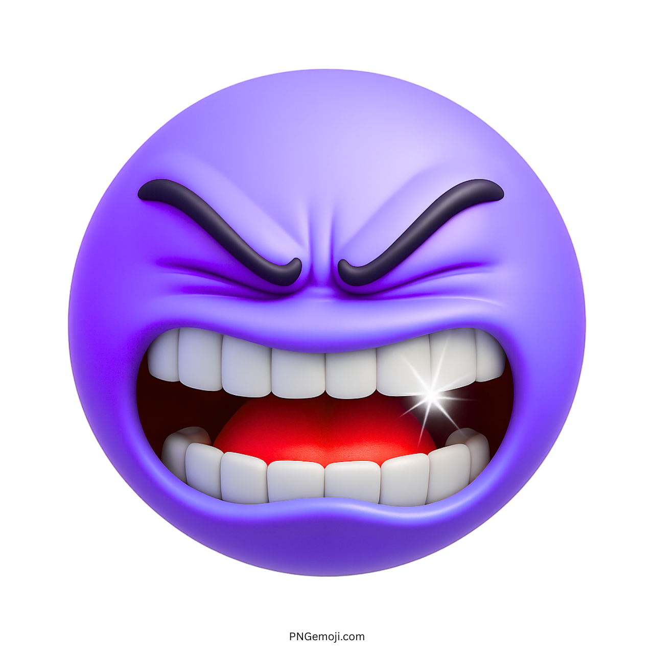Purple 3D angry emoji with clenched teeth, glowing sparkle, and intense facial expression