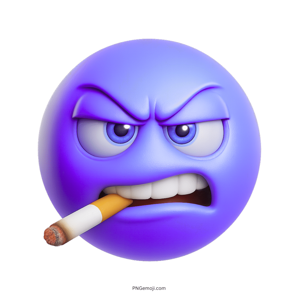 Purple 3D angry emoji face smoking cigarette with bold cartoon expression