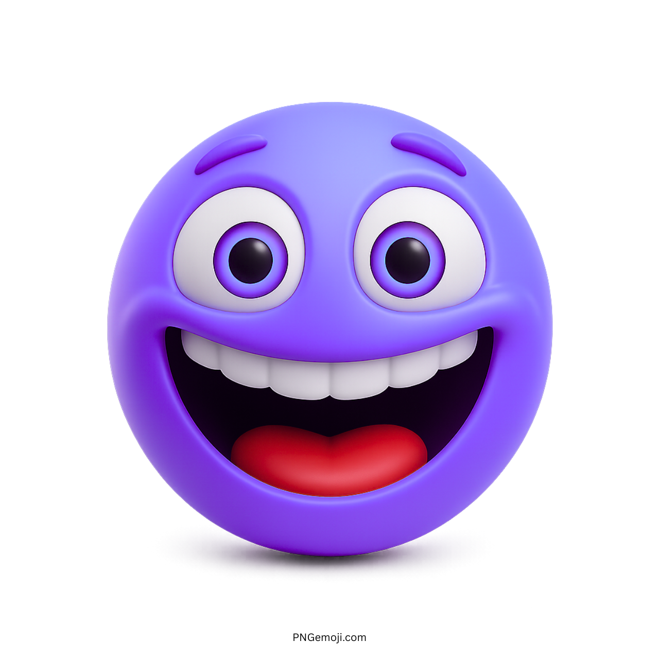 3D purple emoji with wide smiling mouth, bright cartoon eyes, and joyful expression