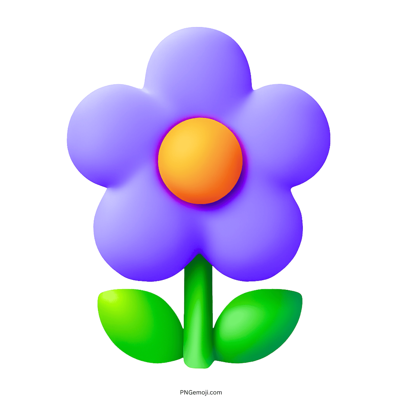 Purple blossom flower emoji with orange center and green leaves in 3D style, transparent background