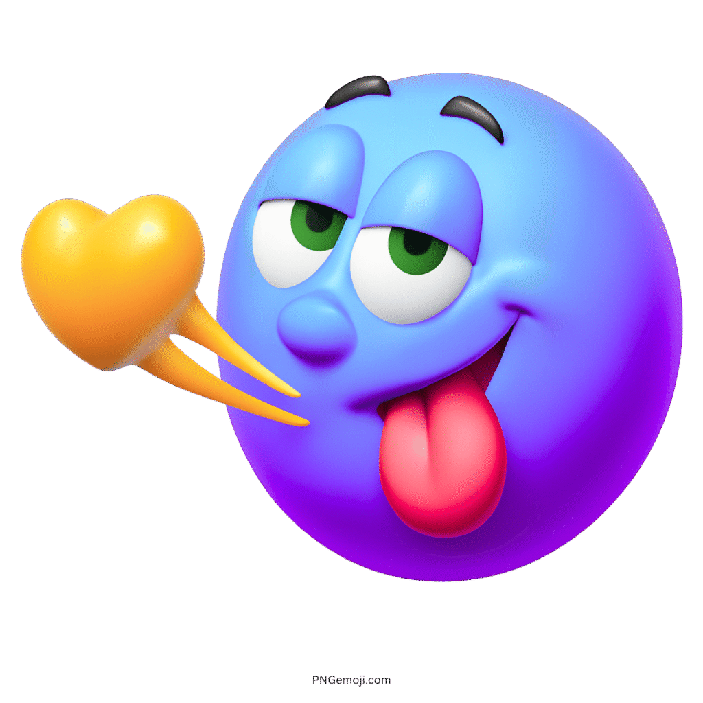 Playful purple-blue emoji blowing golden heart kiss with tongue out